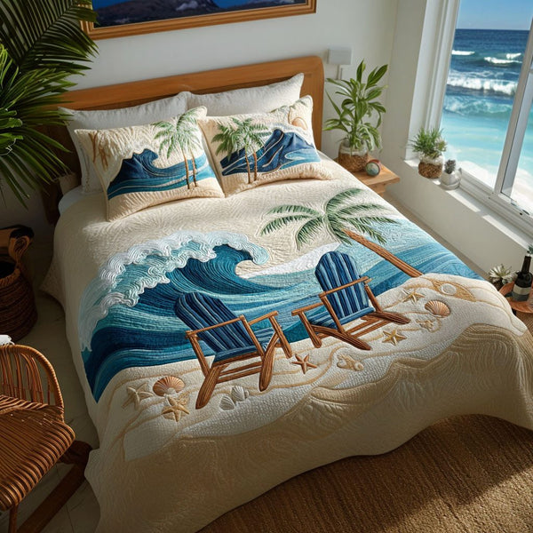 Sandy Shores Retreat quilted 3-piece bedding set on a made bed in a light coastal bedroom