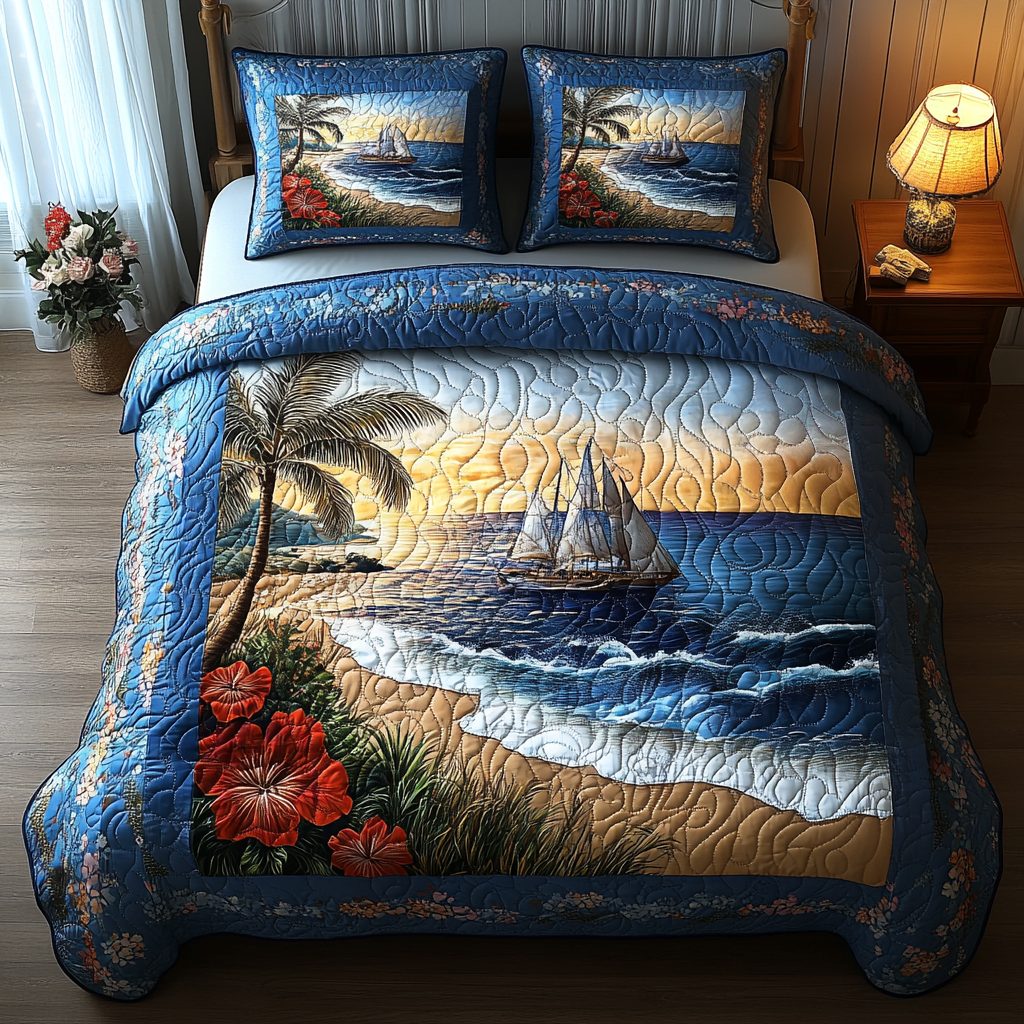 Sandy Toes quilted 3-piece bedding set on a made bed with two matching pillow shams