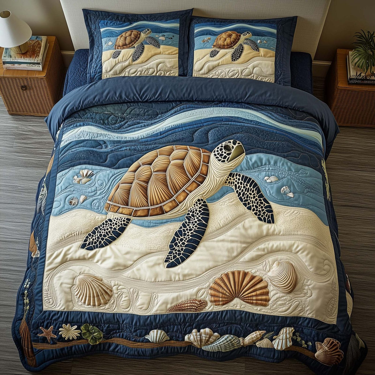 Sandy Turtle quilted 3-piece bedding set on a made bed in a light coastal bedroom