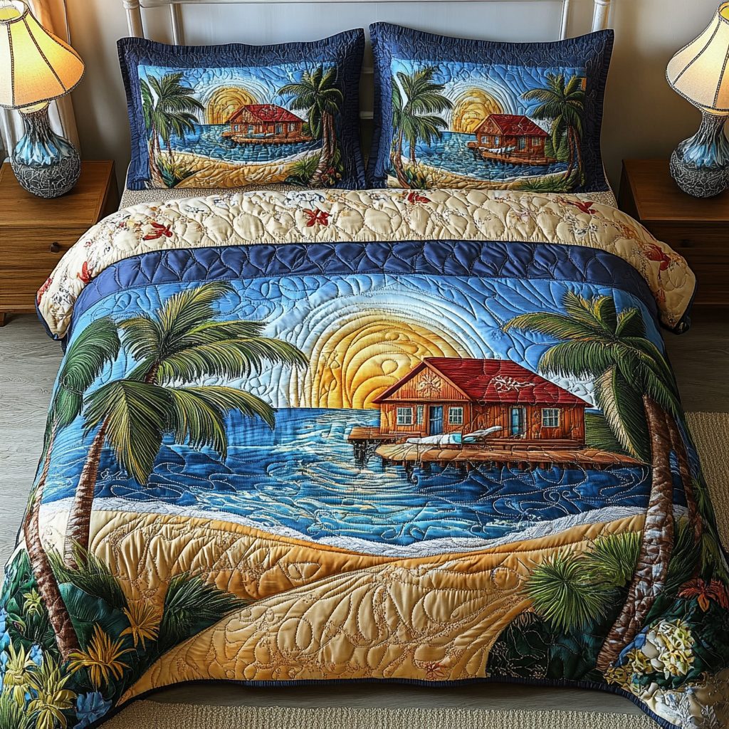 Sandy Vibes quilted 3-piece bedding set on a made bed with two matching pillow shams