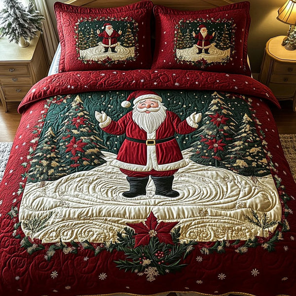 Santa Arrival quilted 3-piece bedding set on a made bed in a winter-styled bedroom