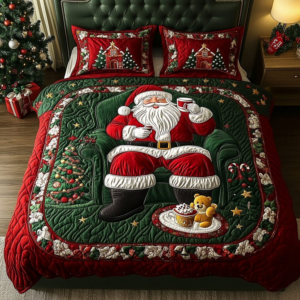 Santa Bliss quilted 3-piece bedding set on a made bed in a winter-styled bedroom