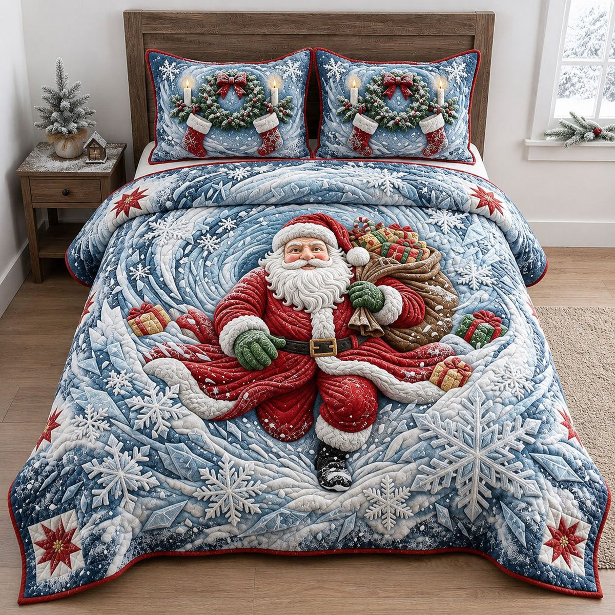 Santa Blizzard Explosion quilted 3-piece bedding set on a made bed in a winter-styled bedroom