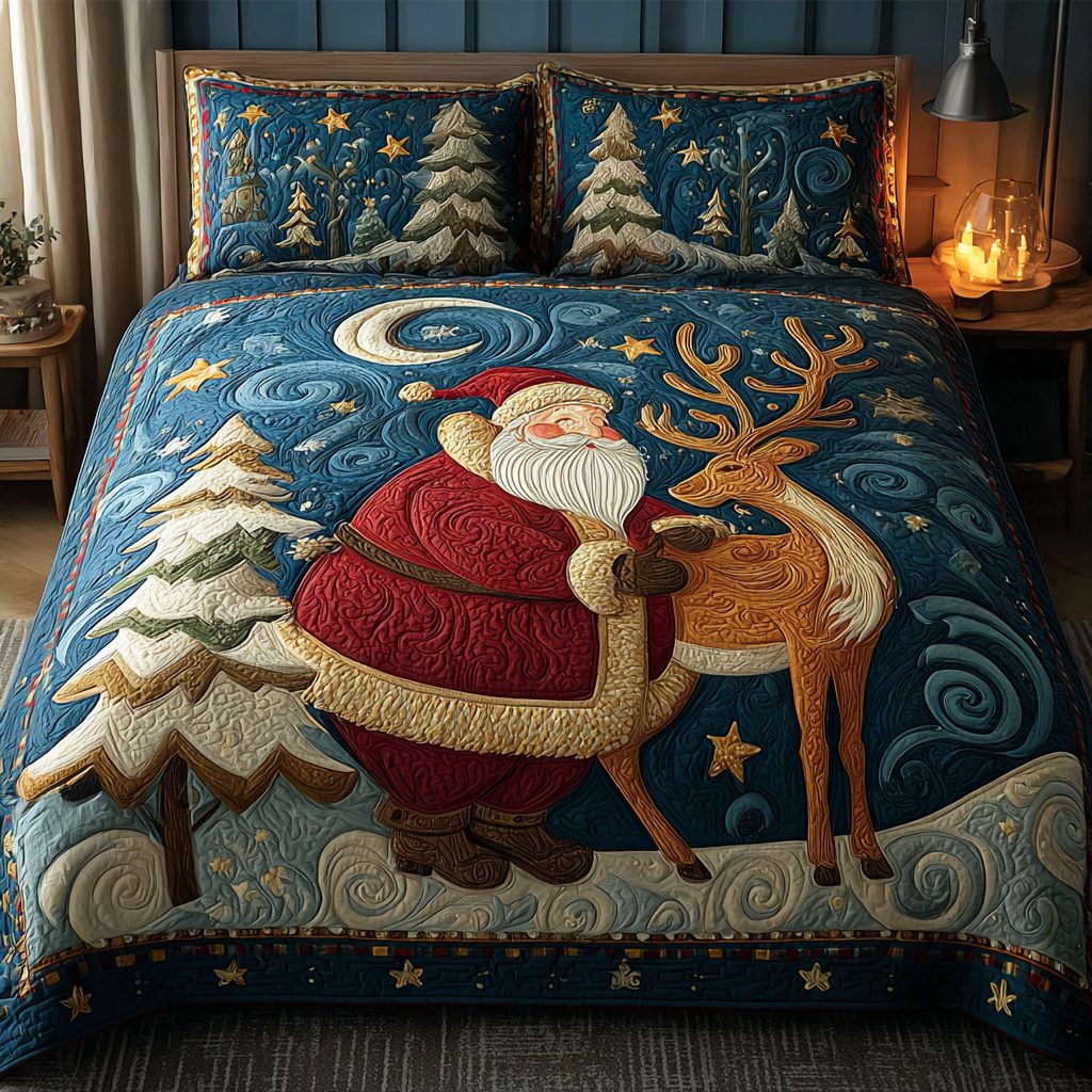 Santa Charm quilted 3-piece bedding set on a made bed in a winter-styled bedroom