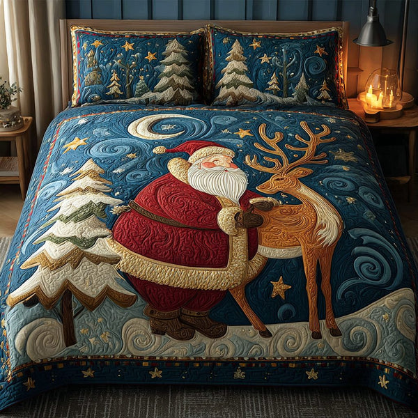 Santa Charm quilted 3-piece bedding set on a made bed in a winter-styled bedroom