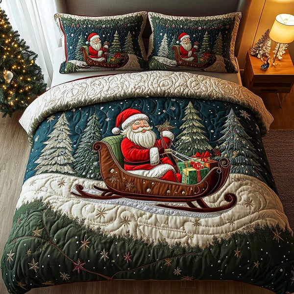 Santa Charm quilted 3-piece bedding set on a made bed in a winter-styled bedroom