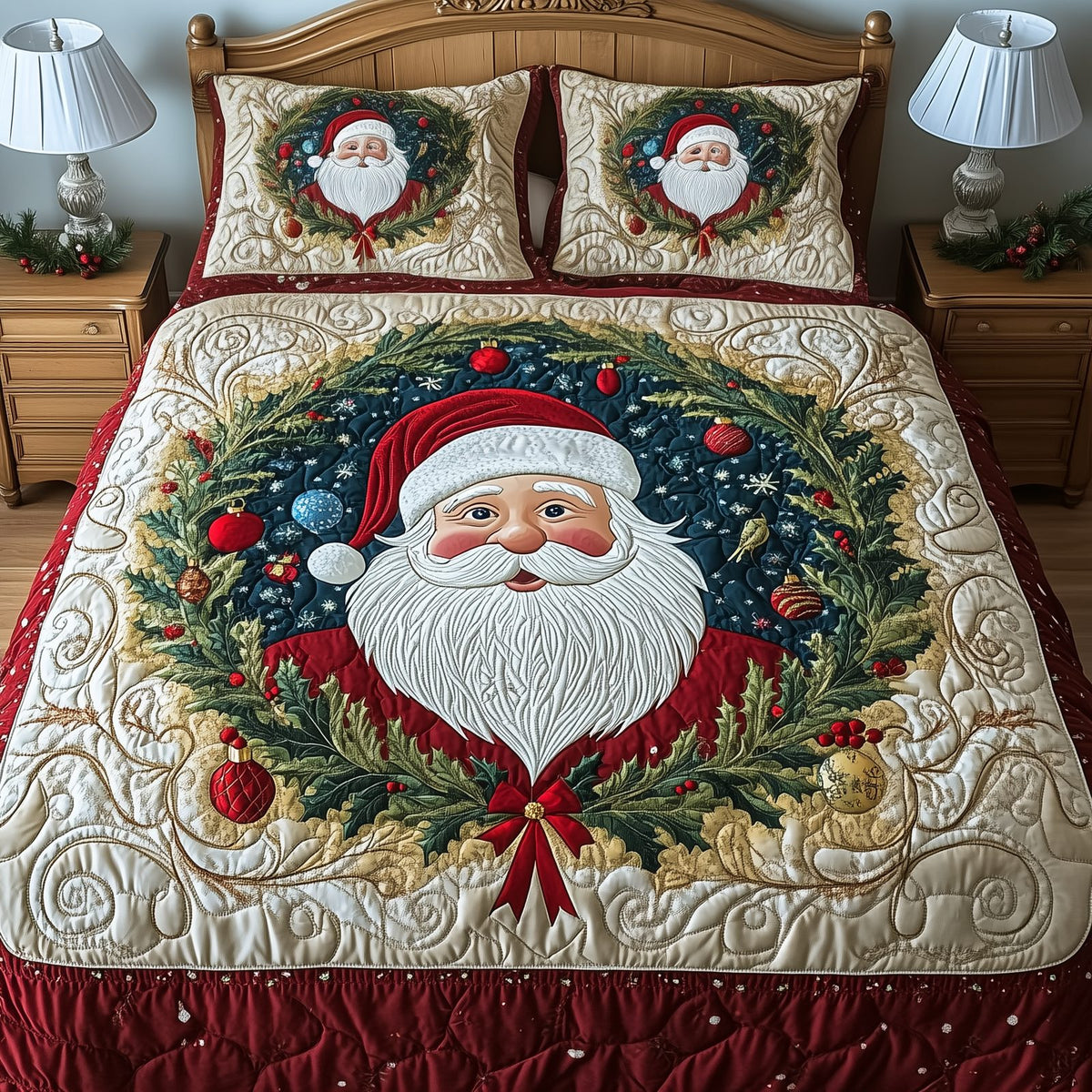 Santa Christmas Cheer quilted 3-piece bedding set on a made bed in a winter-styled bedroom
