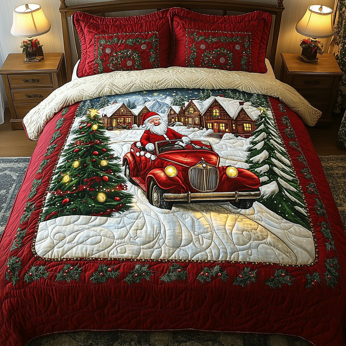 Santa Christmas Drive quilted 3-piece bedding set on a made bed in a winter-styled bedroom