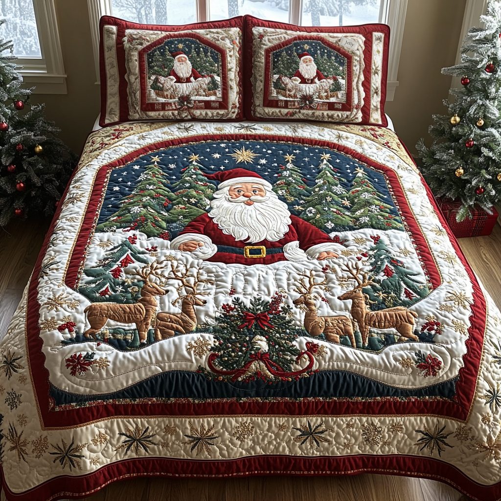 Santa Christmas Joyride quilted 3-piece bedding set on a made bed in a winter-styled bedroom