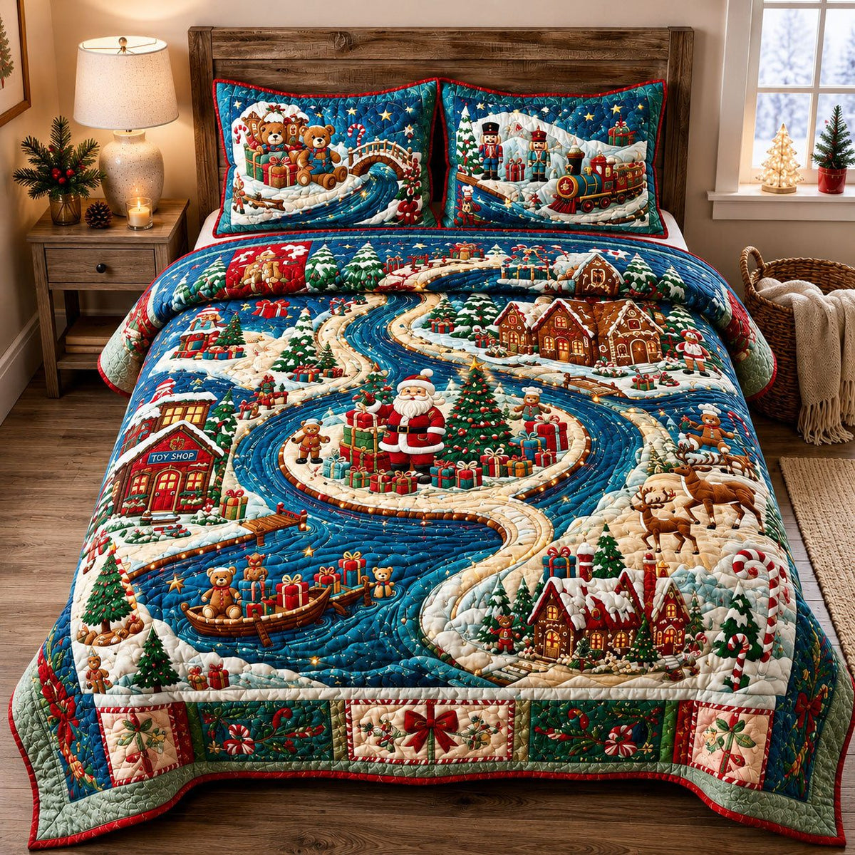 Santa Christmas Village quilted 3-piece bedding set on a made bed in a winter-styled bedroom