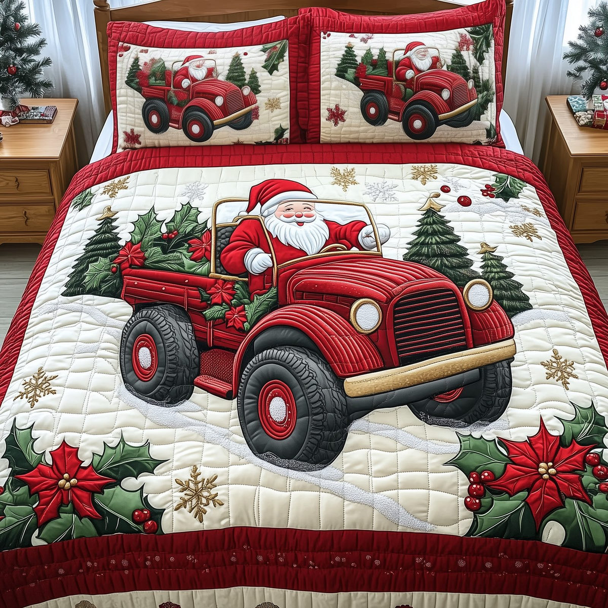 Santa Claus Is Coming quilted 3-piece bedding set on a made bed in a winter-styled bedroom