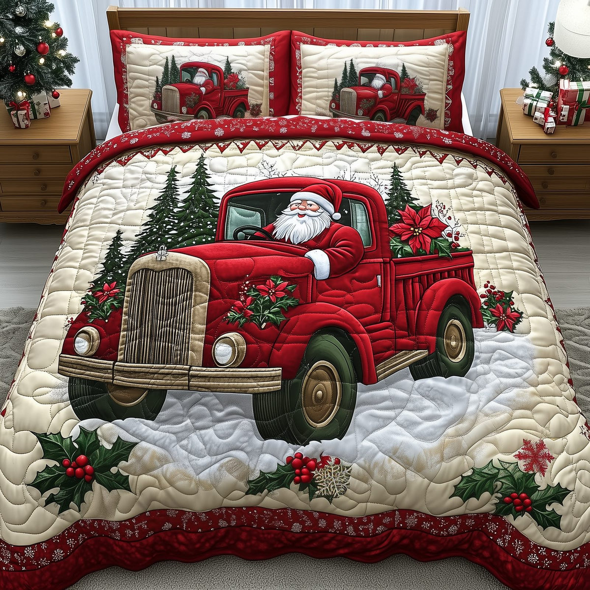 Santa Claus Is Coming quilted 3-piece bedding set on a made bed in a winter-styled bedroom
