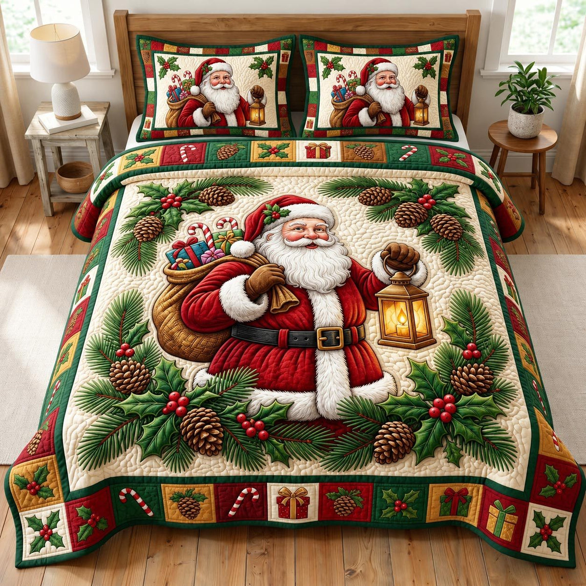 Santa Claus quilted 3-piece bedding set on a made bed in a winter-styled bedroom