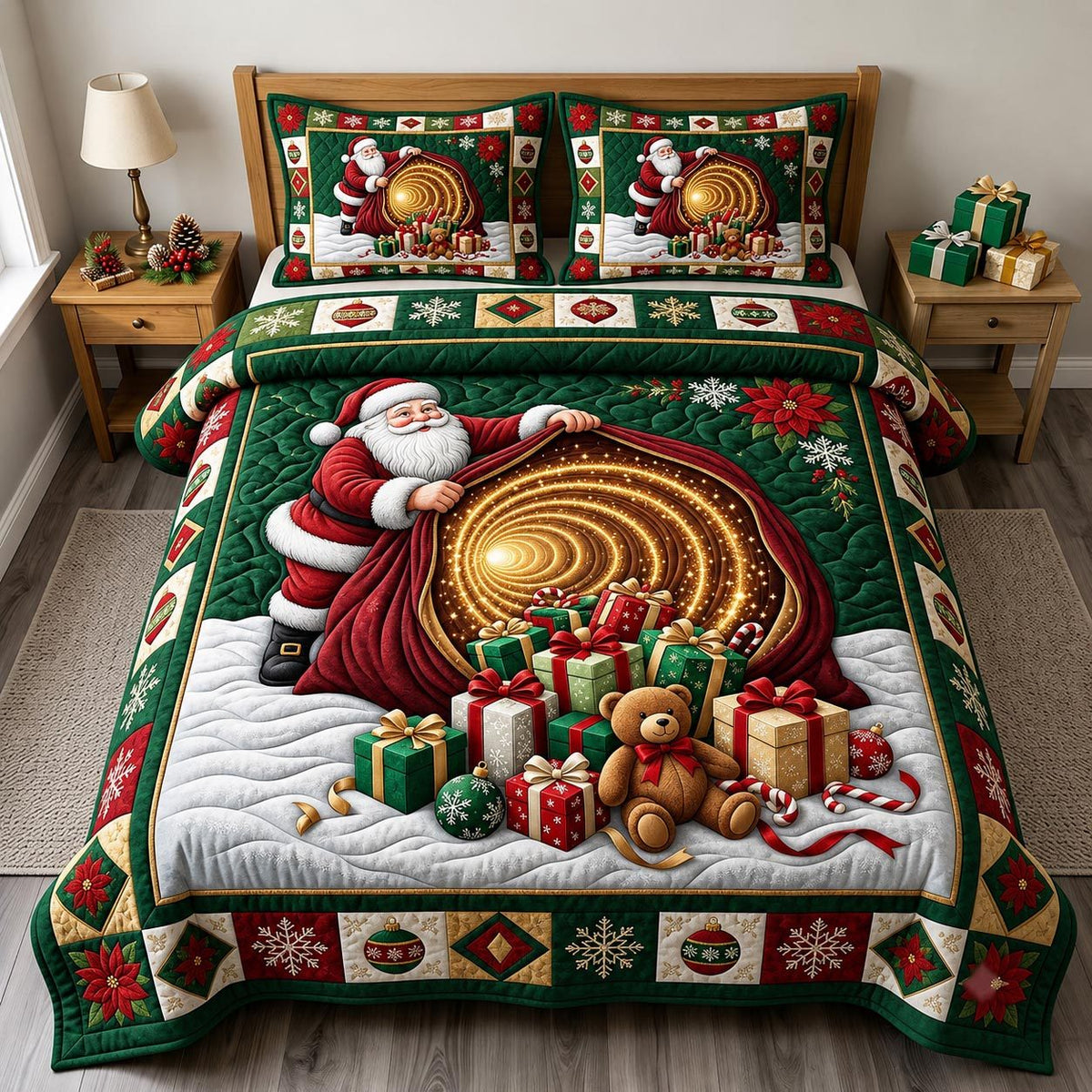 Santa Claus quilted 3-piece bedding set on a made bed in a winter-styled bedroom