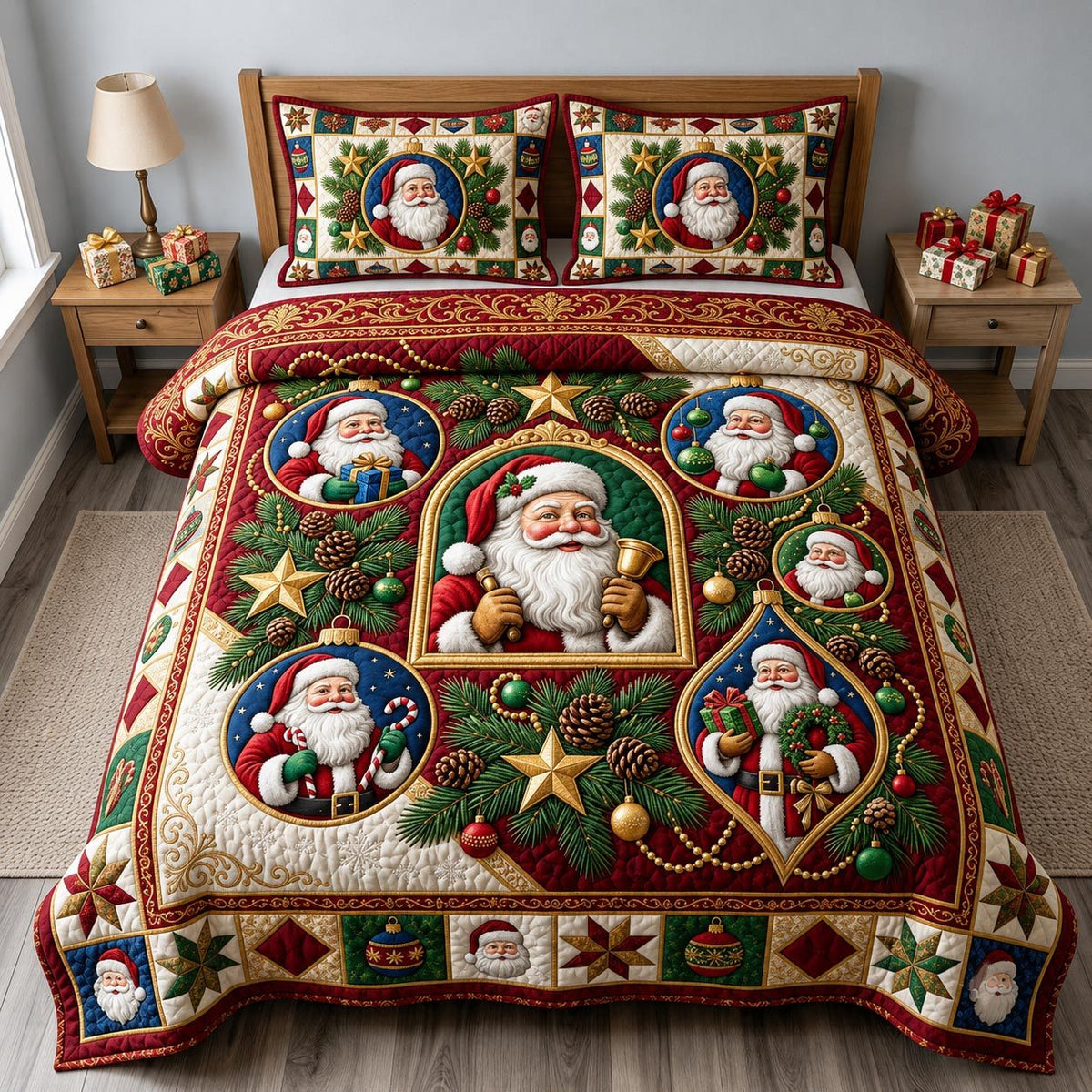 Santa Claus quilted 3-piece bedding set on a made bed in a winter-styled bedroom