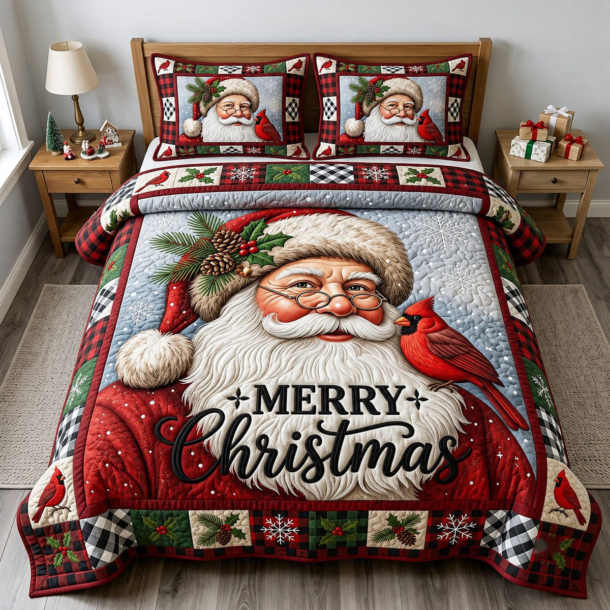 Santa Claus quilted 3-piece bedding set on a made bed in a winter-styled bedroom
