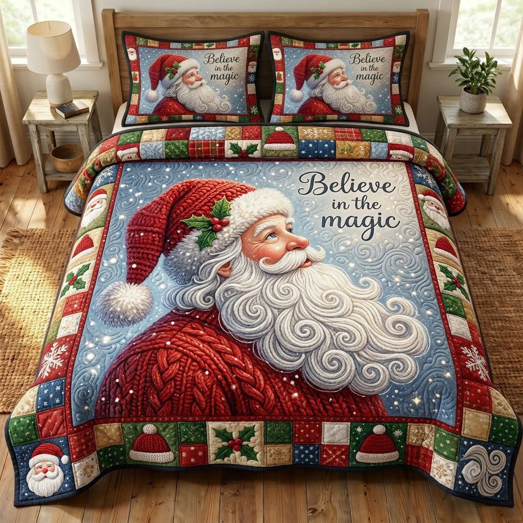 Santa Claus quilted 3-piece bedding set on a made bed in a winter-styled bedroom