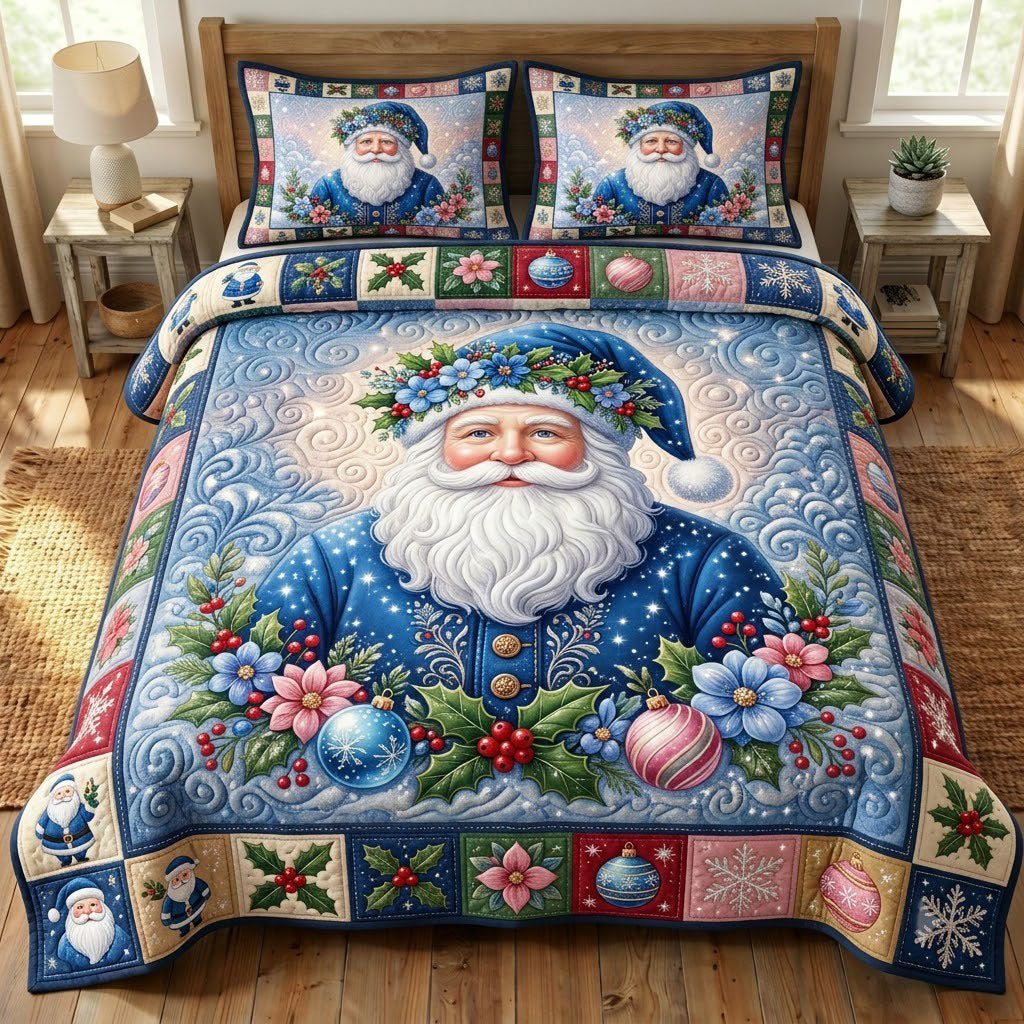 Santa Claus quilted 3-piece bedding set on a made bed in a winter-styled bedroom