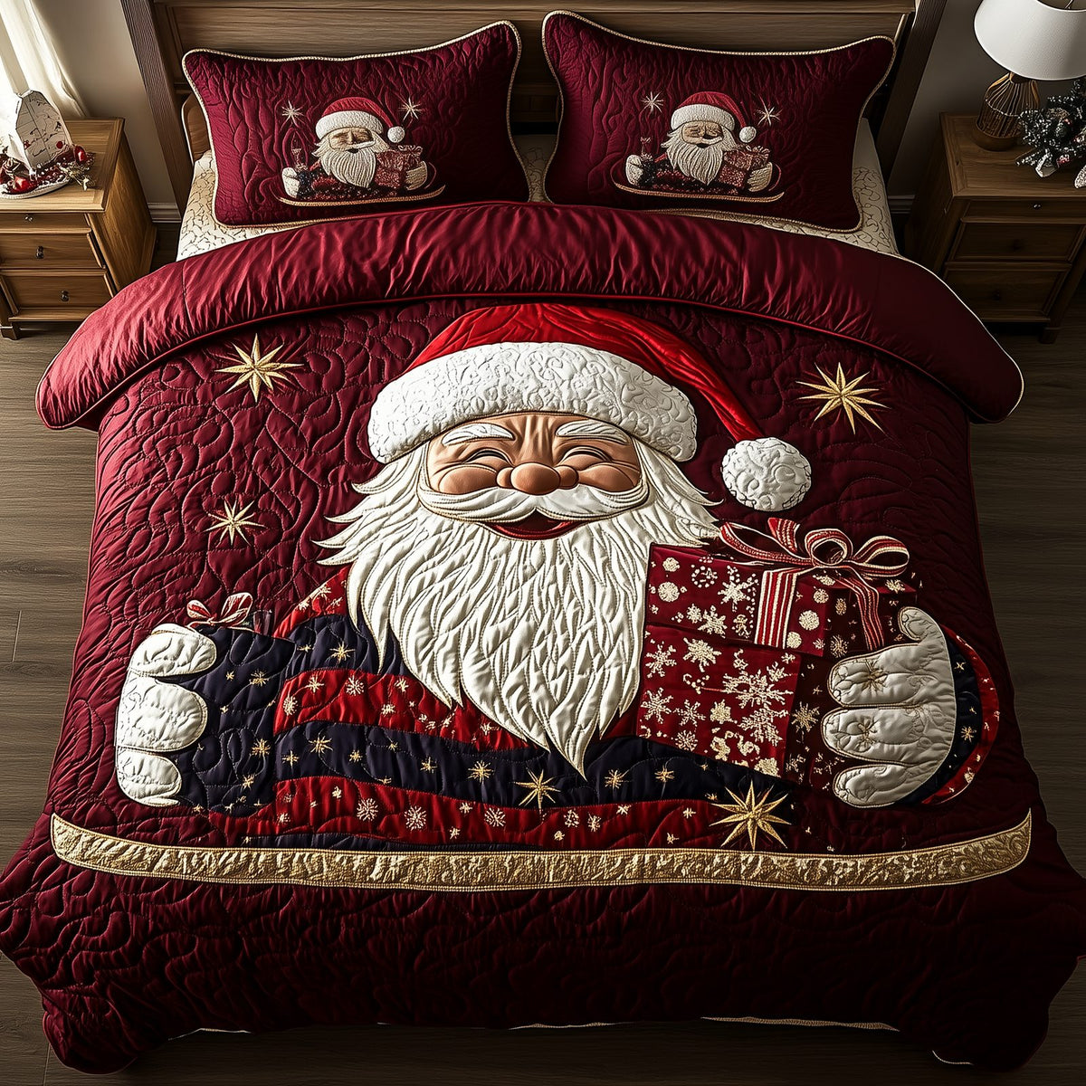 Santa Claus quilted 3-piece bedding set on a made bed in a winter-styled bedroom