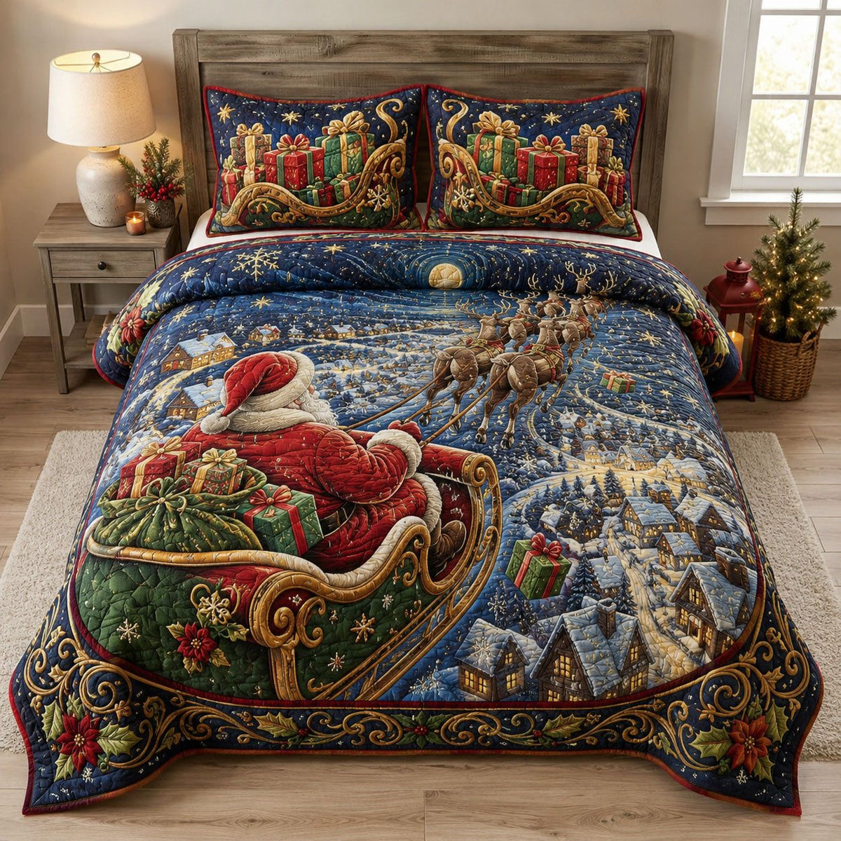 Santa Cozy Night quilted 3-piece bedding set on a made bed in a winter-styled bedroom