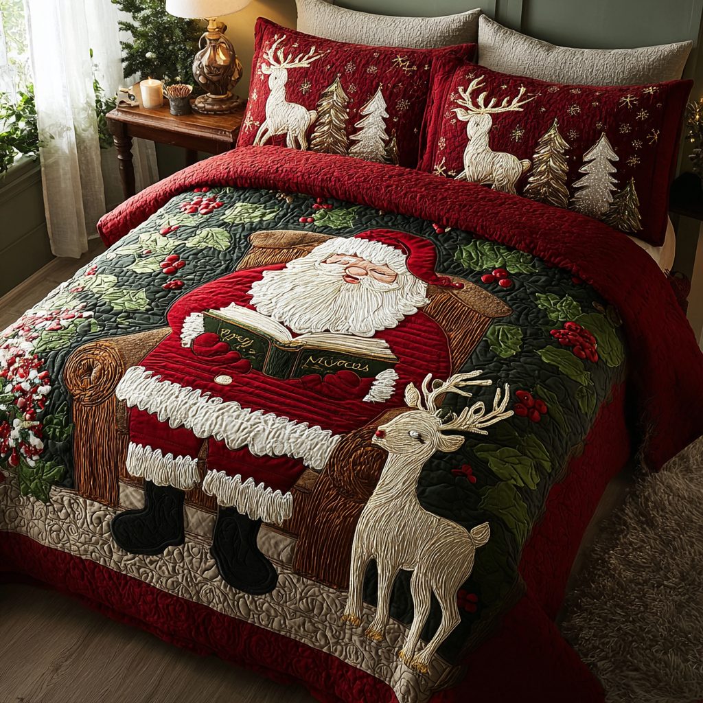 Santa Delight quilted 3-piece bedding set on a made bed in a winter-styled bedroom