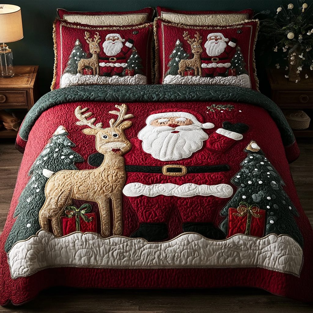 Santa Delight quilted 3-piece bedding set on a made bed in a winter-styled bedroom