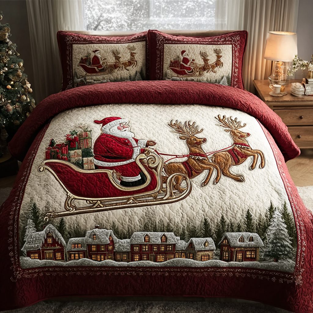 Santa Dream quilted 3-piece bedding set on a made bed in a winter-styled bedroom
