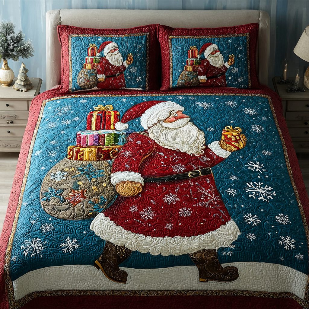 Santa Dreams quilted 3-piece bedding set on a made bed in a winter-styled bedroom