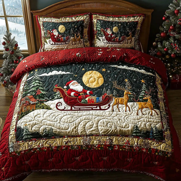 Santa Dreams quilted 3-piece bedding set on a made bed in a winter-styled bedroom
