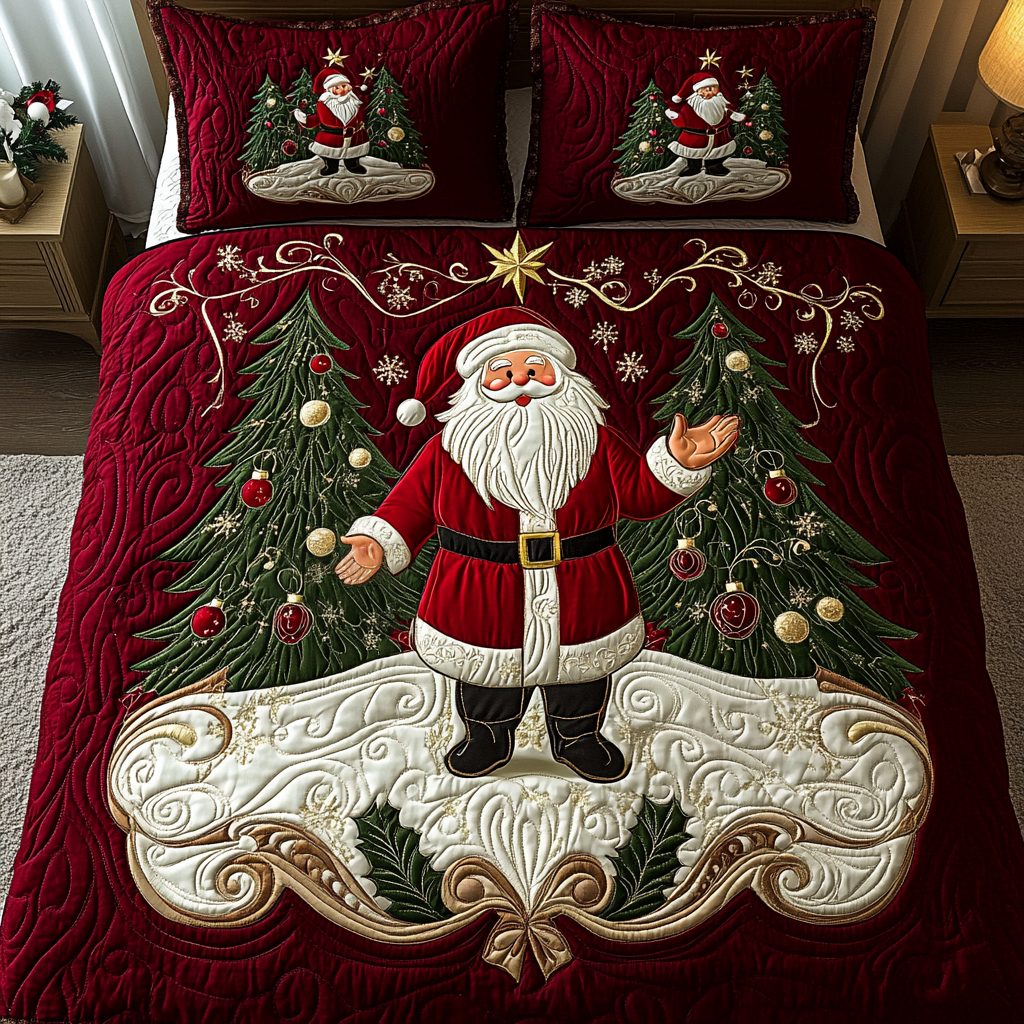 Santa Dreams quilted 3-piece bedding set on a made bed in a winter-styled bedroom