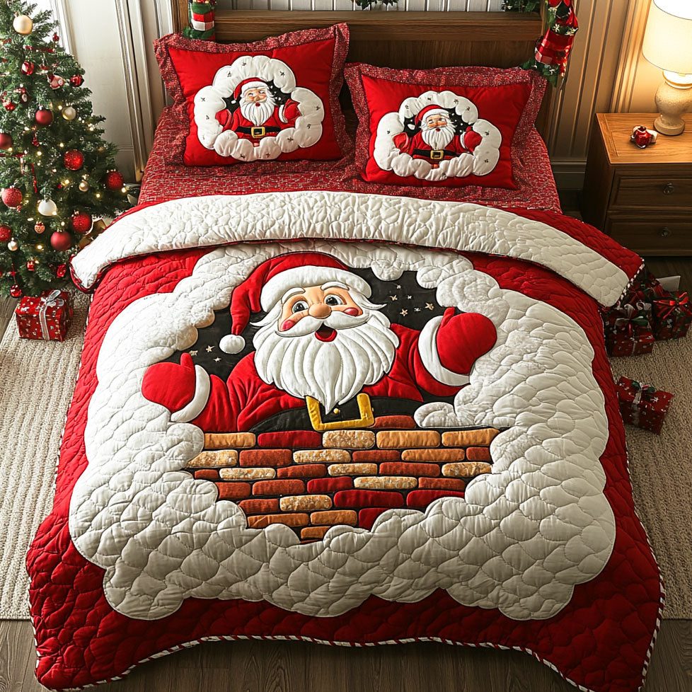 Santa Eve quilted 3-piece bedding set on a made bed in a winter-styled bedroom