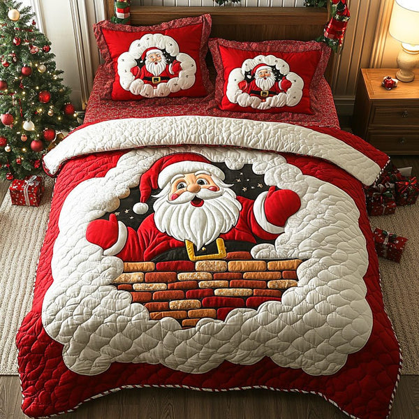 Santa Eve quilted 3-piece bedding set on a made bed in a winter-styled bedroom
