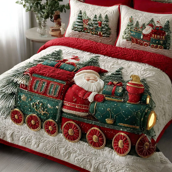 Santa Express quilted 3-piece bedding set on a made bed in a winter-styled bedroom