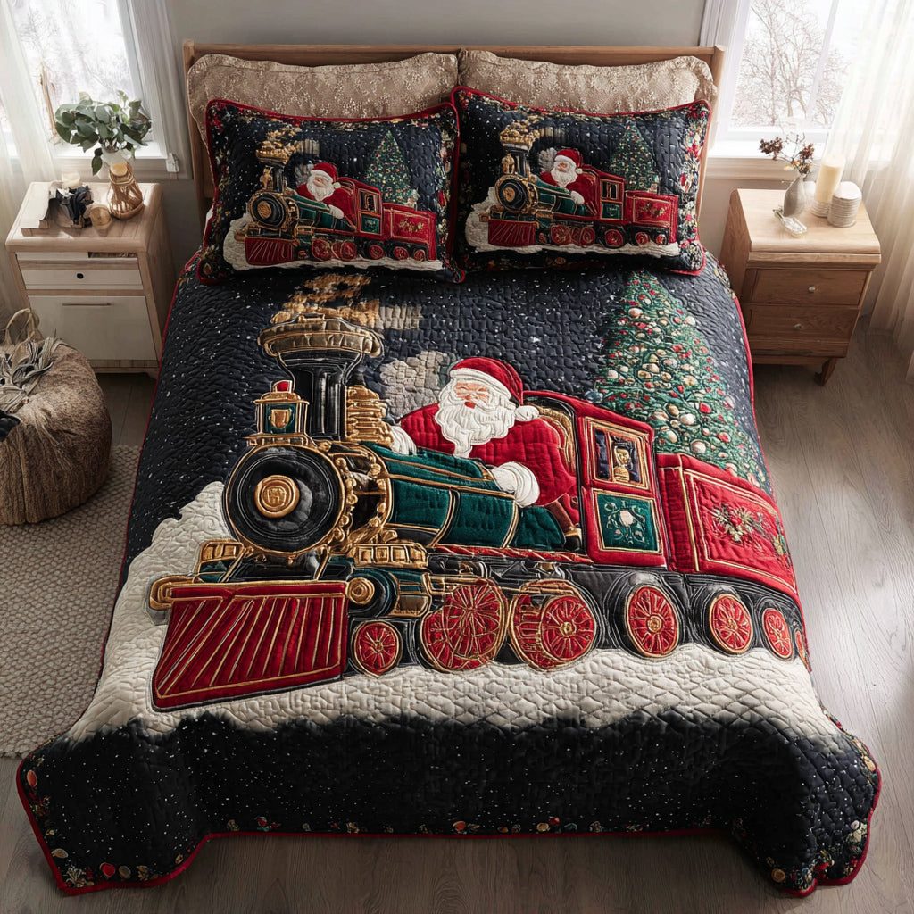 Santa Express Train quilted 3-piece bedding set on a made bed in a winter-styled bedroom