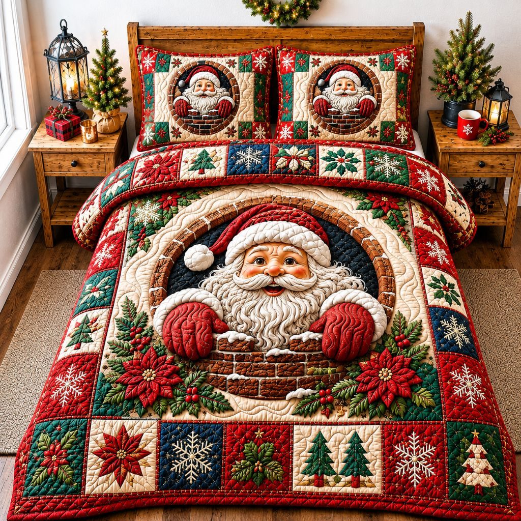 Santa Festive Journey quilted 3-piece bedding set on a made bed in a winter-styled bedroom