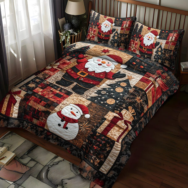 Santa Festive quilted 3-piece bedding set on a made bed in a winter-styled bedroom