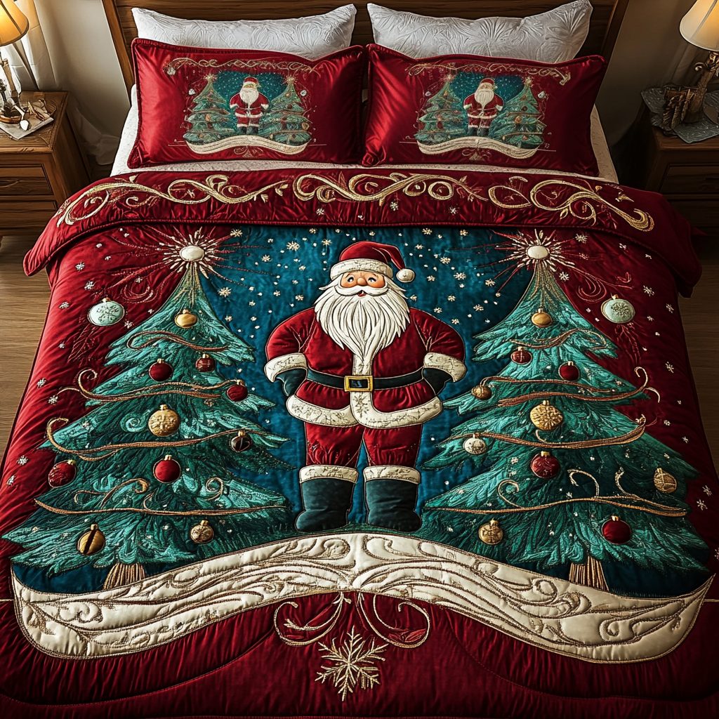 Santa Forest quilted 3-piece bedding set on a made bed in a winter-styled bedroom