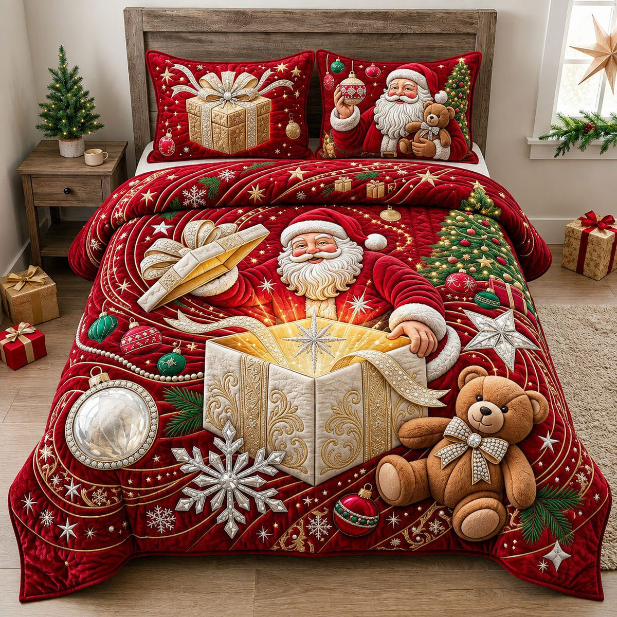 Santa Gift Explosion quilted 3-piece bedding set on a made bed in a winter-styled bedroom