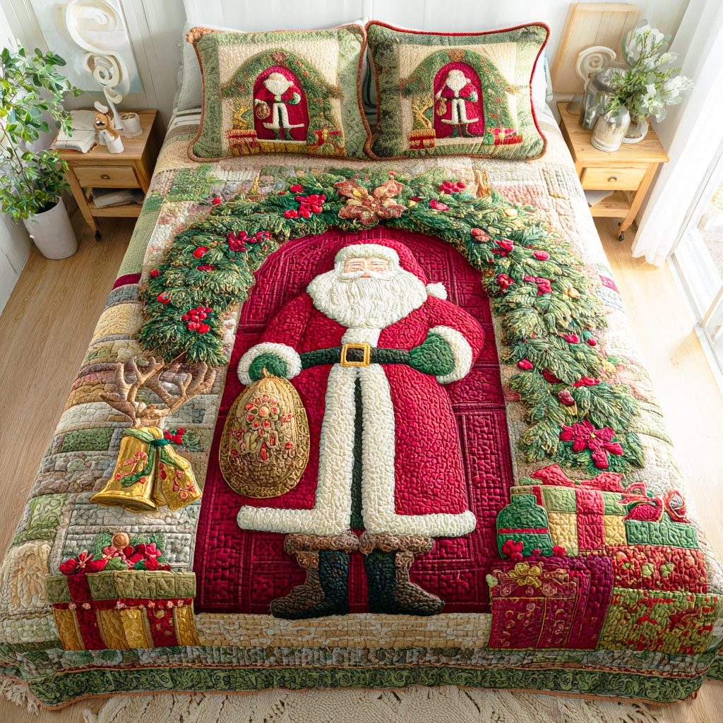 Santa Gift Parade quilted 3-piece bedding set on a made bed in a winter-styled bedroom
