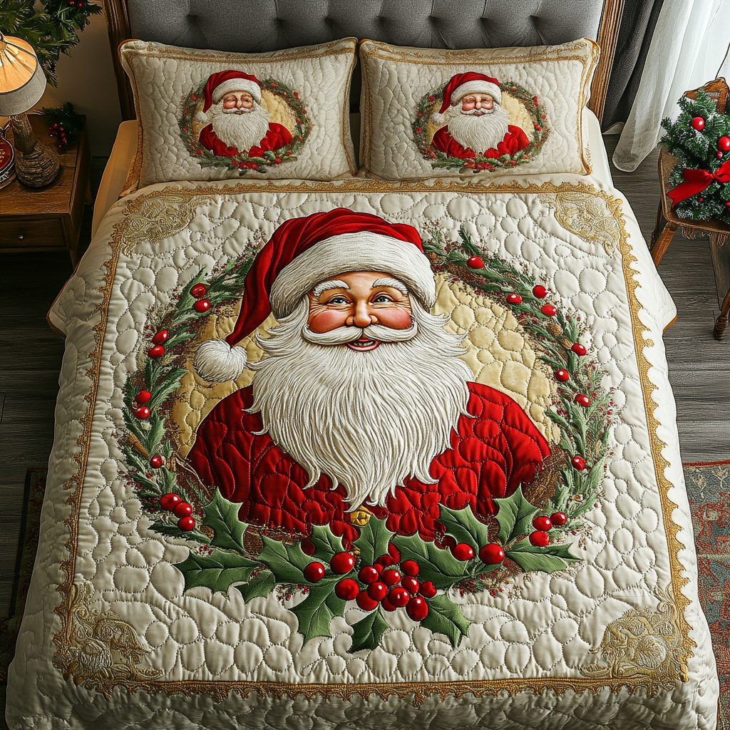 Santa Glow quilted 3-piece bedding set on a made bed in a winter-styled bedroom