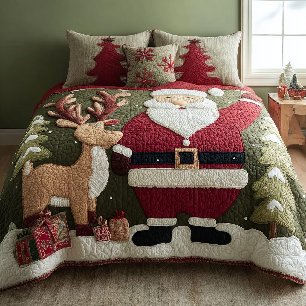 Santa Glow quilted 3-piece bedding set on a made bed in a winter-styled bedroom