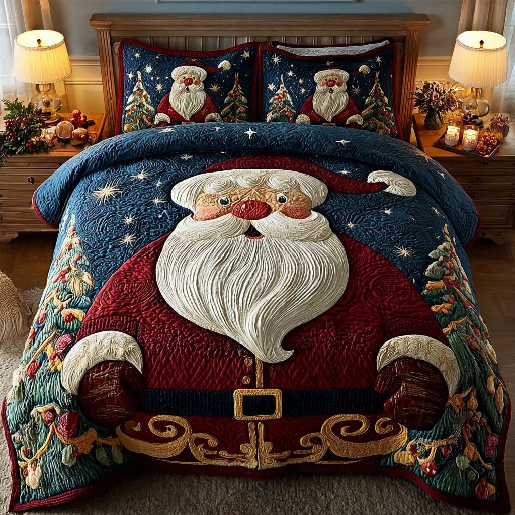 Santa Glow quilted 3-piece bedding set on a made bed in a winter-styled bedroom