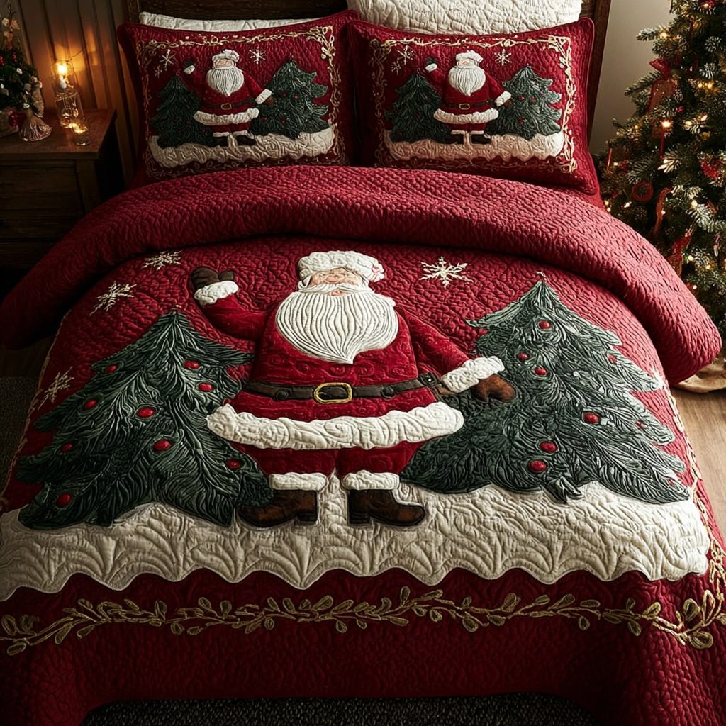Santa Harmony quilted 3-piece bedding set on a made bed in a winter-styled bedroom