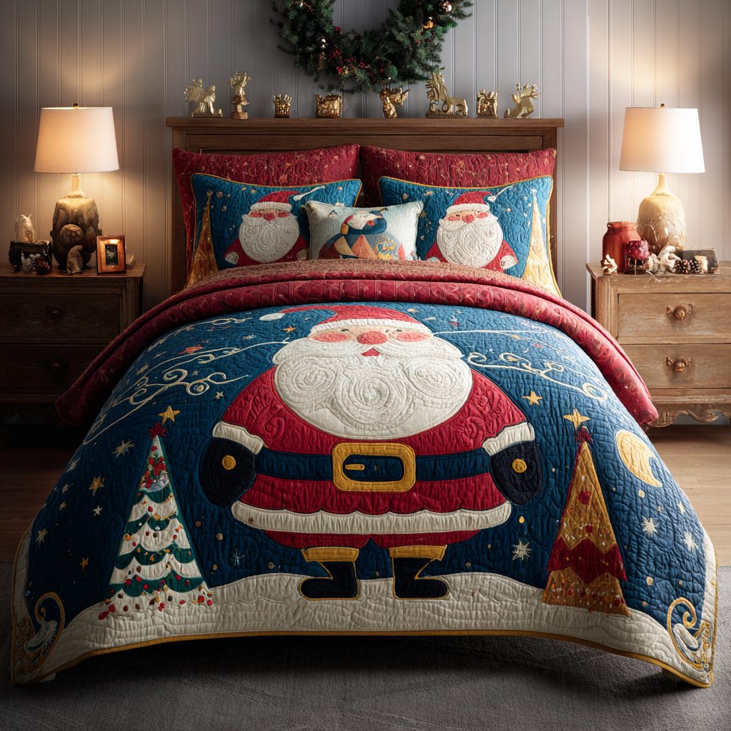 Santa Harmony quilted 3-piece bedding set on a made bed in a winter-styled bedroom