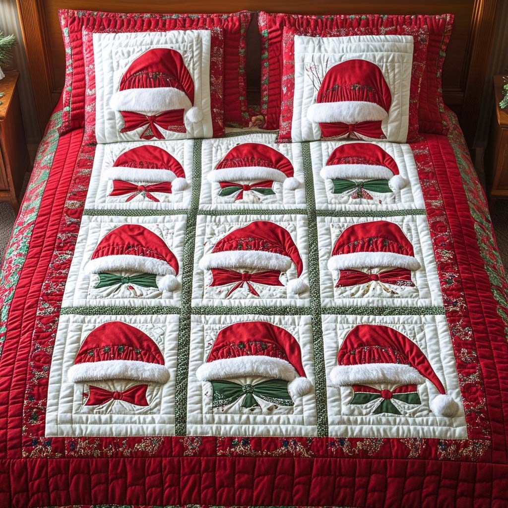 Santa Hat Parade quilted 3-piece bedding set on a made bed in a winter-styled bedroom