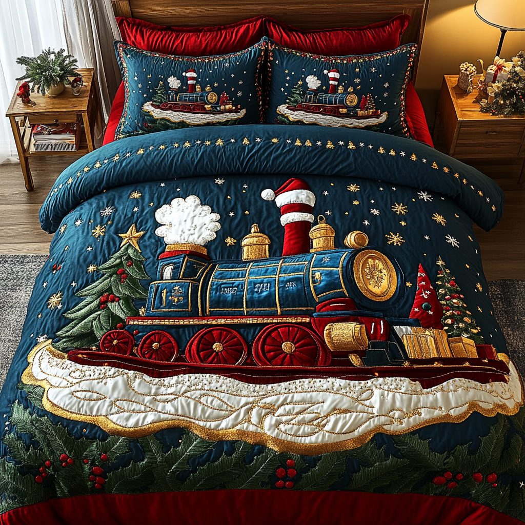 Santa Holiday Express quilted 3-piece bedding set on a made bed in a winter-styled bedroom