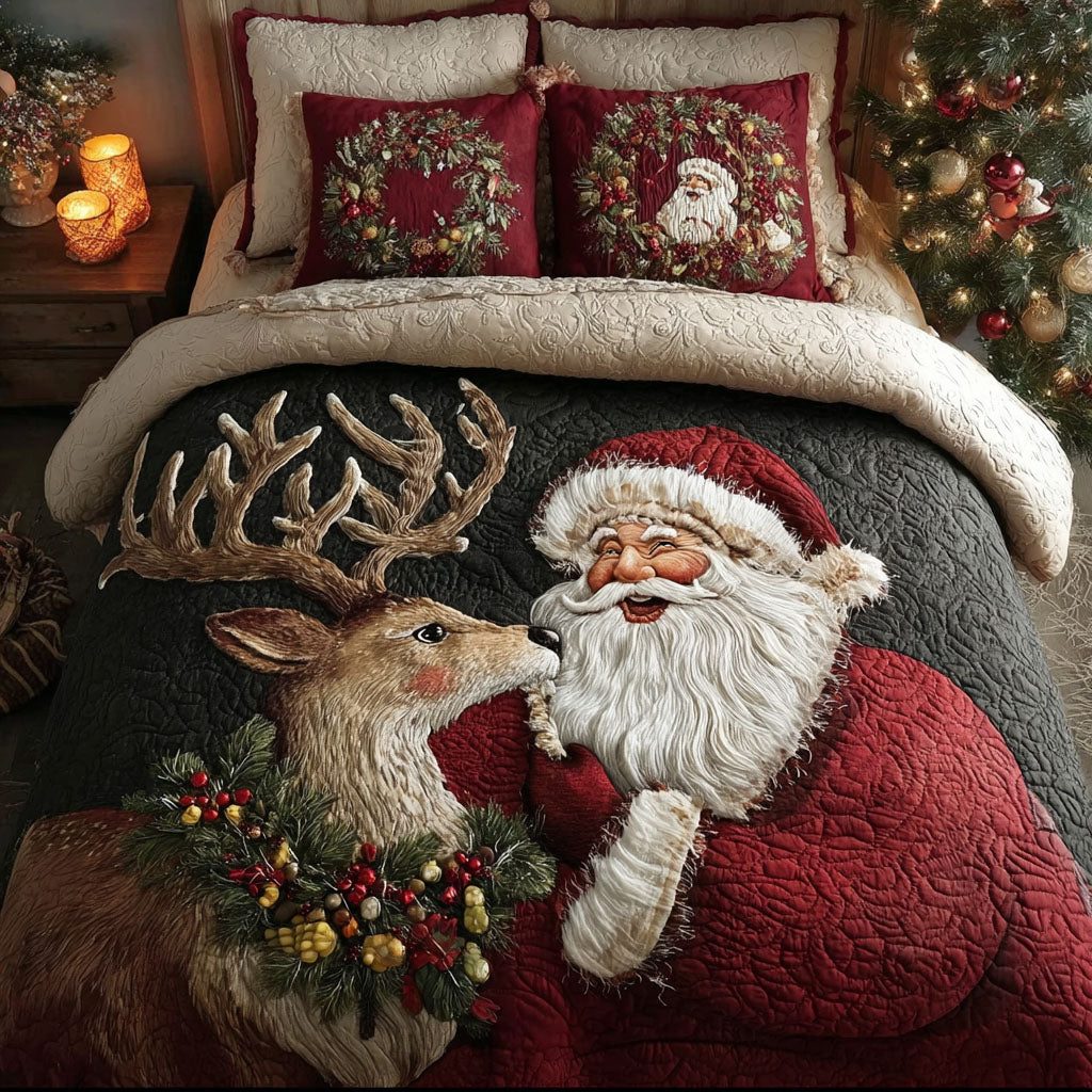 Santa Hug quilted 3-piece bedding set on a made bed in a winter-styled bedroom