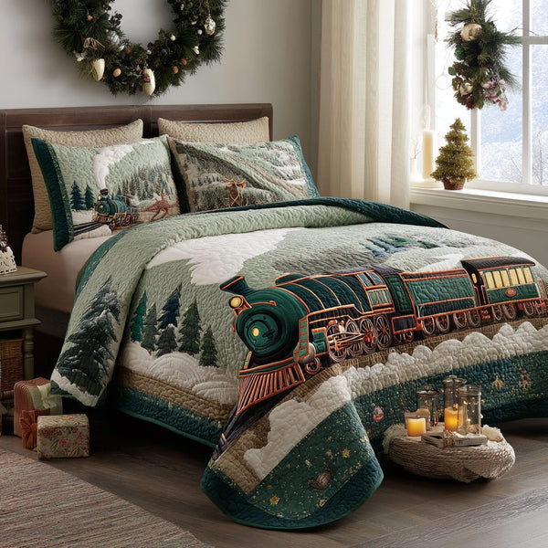 Santa Iron Steed quilted 3-piece bedding set on a made bed in a winter-styled bedroom