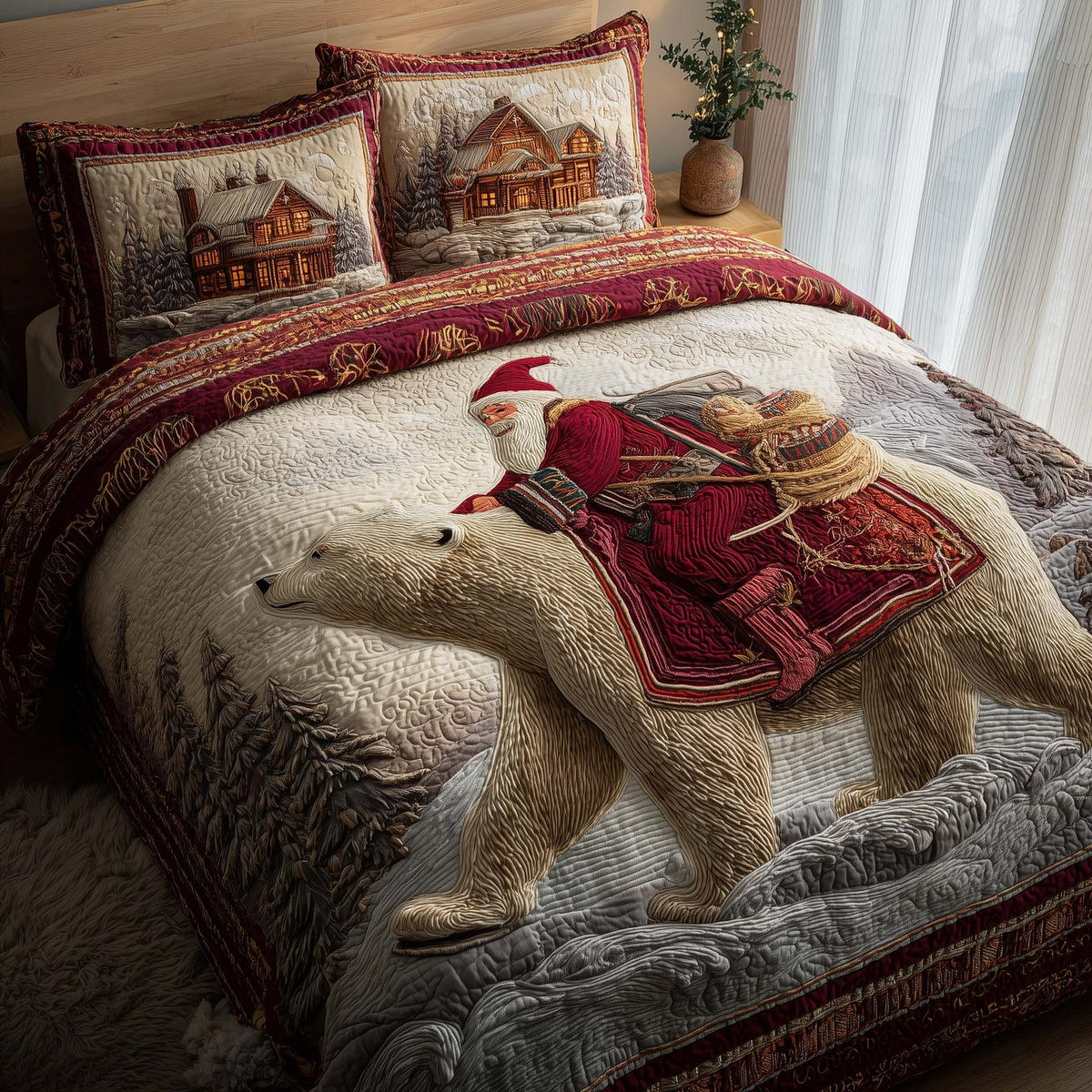 Santa Journey quilted 3-piece bedding set on a made bed in a winter-styled bedroom