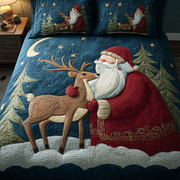 Santa Journey quilted 3-piece bedding set on a made bed in a winter-styled bedroom